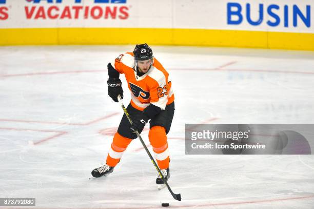 Philadelphia Flyers defenseman Brandon Manning ready for action during the NHL game between the Chicago Blackhawks and the Philadelphia Flyers on...