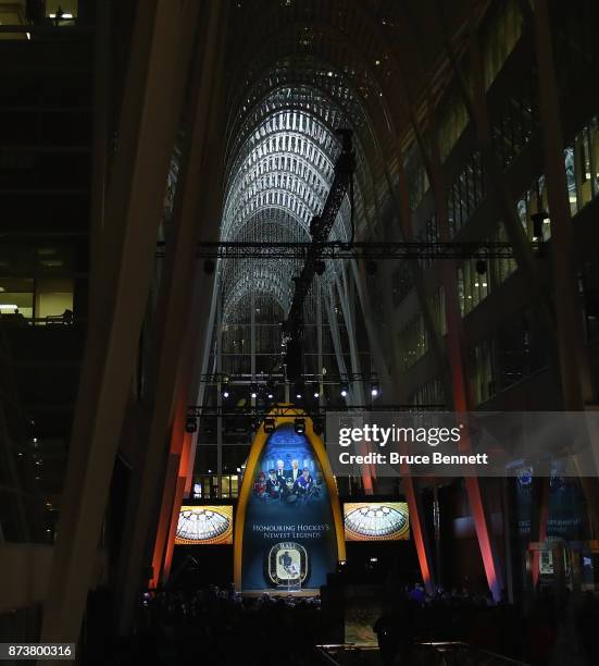 General view of the stage which is being prepared for the Hockey Hall of Fame induction ceremony at Brookfield Place on November 13, 2017 in Toronto,...