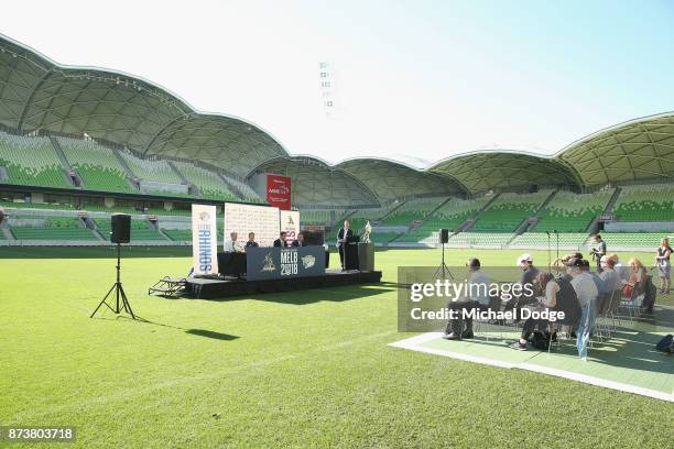 Leeds Rhino's CEO Gary Hetherington Storm head coach Coach Craig Bellamy, Storm CEO Dave Donaghy and Sports Minister John Eren MP speak to media...