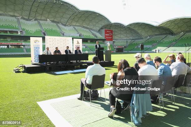 Leeds Rhino's CEO Gary Hetherington Storm head coach Coach Craig Bellamy, Storm CEO Dave Donaghy and Sports Minister John Eren MP speak to media...