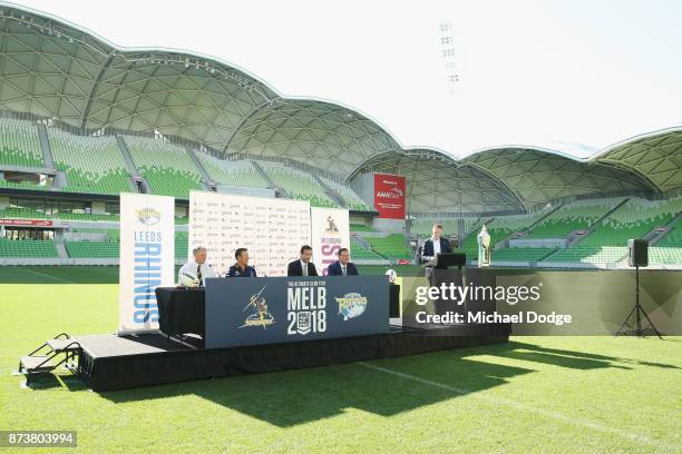 Leeds Rhino's CEO Gary Hetherington Storm head coach Coach Craig Bellamy, Storm CEO Dave Donaghy and Sports Minister John Eren MP speak to media...