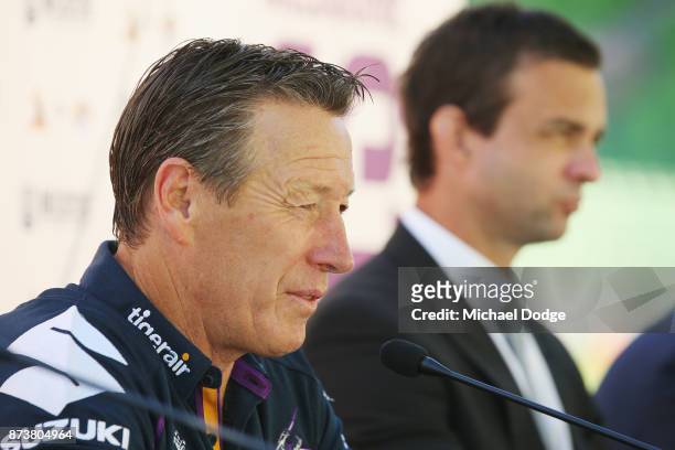 Melbourne Storm head coach Coach Craig Bellamy speaks to media during a Melbourne Storm NRL media announcement at AAMI Park on November 14, 2017 in...