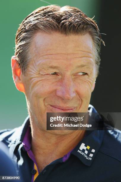 Melbourne Storm head coach Coach Craig Bellamy speaks to media during a Melbourne Storm NRL media announcement at AAMI Park on November 14, 2017 in...