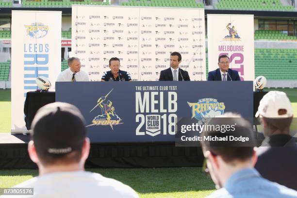 Leeds Rhino's CEO Gary Hetherington Storm head coach Coach Craig Bellamy, Storm CEO Dave Donaghy and Sports Minister John Eren MP speak to media...