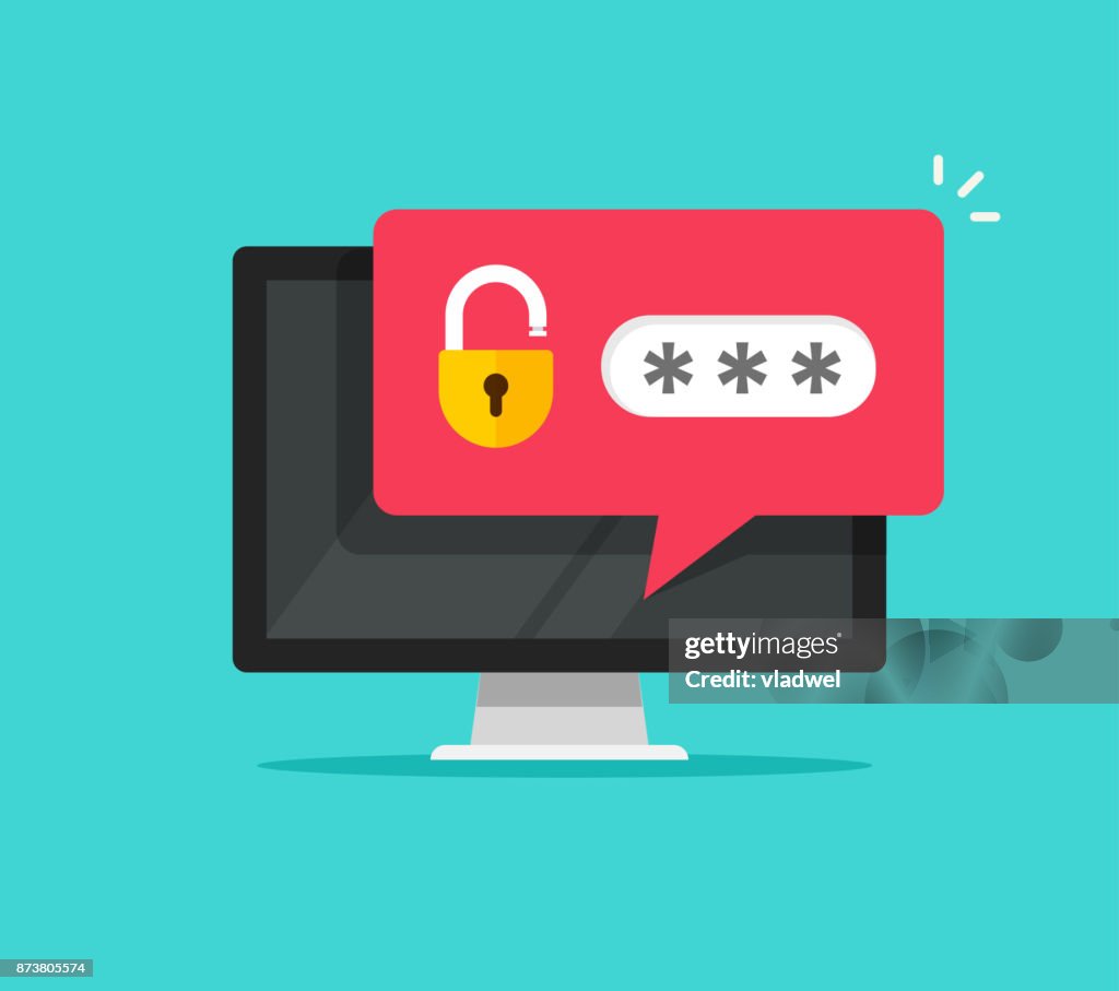 Desktop computer with unlocked password bubble notification, flat cartoon pc screen with open lock and password field