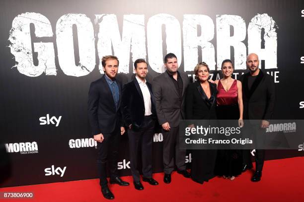 Loris De Luna, Arturo Muselli, Salvatore Esposito, Cristiana Donadio, Cristiana Dell'Anna and Marco D'Amore, attend the 'Gomorra' premiere at Ex...