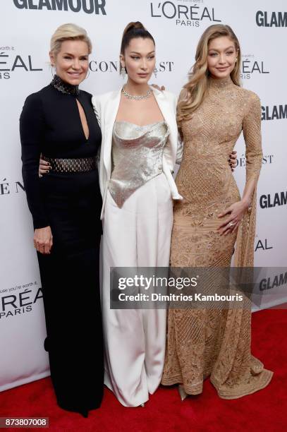 Yolanda Foster, Bella Hadid, and Gigi Hadid attend Glamour's 2017 Women of The Year Awards at Kings Theatre on November 13, 2017 in Brooklyn, New...