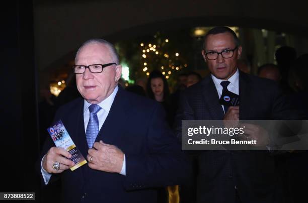 Jim Rutherford and Steve Yzerman walks the red carpet prior to the Hockey Hall of Fame induction ceremony at Brookfield Place on November 13, 2017 in...