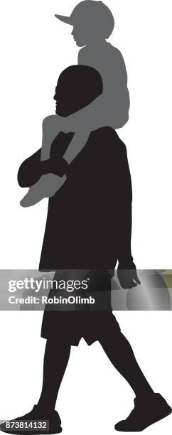 father with son sitting on his shoulders - boy walking side stock illustrations