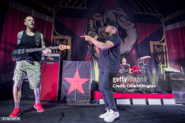 Tim Commerford of Rage Against The Machine, Chuck-D of Public Enemy and Brad Wilk of Rage Against The Machine perform as part of Prophets of Rage...