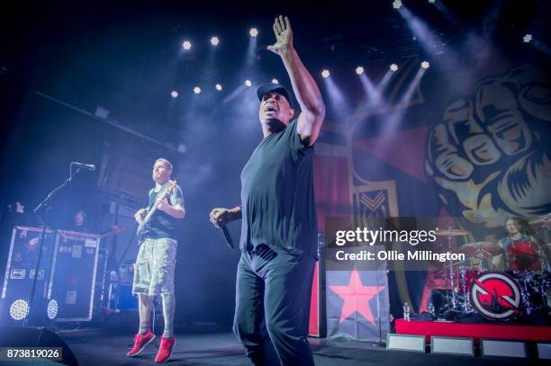 Tim Commerford of Rage Against The Machine, Chuck-D of Public Enemy and Brad Wilk of Rage Against The Machine perform as part of Prophets of Rage...