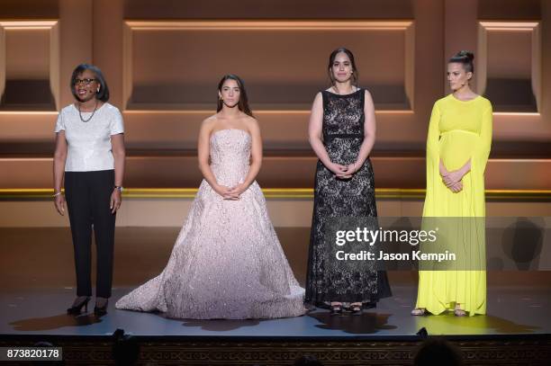 Anita Hill, Aly Raisman, Anna Cardenas and Cameron Russell speak onstage at Glamour's 2017 Women of The Year Awards at Kings Theatre on November 13,...