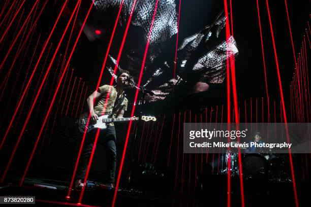 Mike Kerr and Ben Thatcher of Royal Blood perform on stage at Motorpoint Arena on November 13, 2017 in Cardiff, Wales.