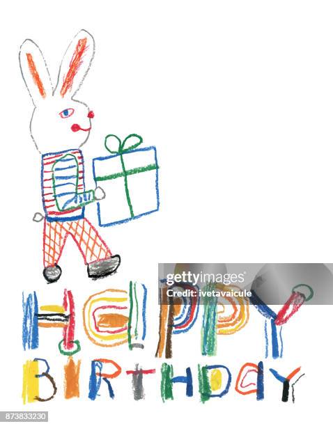 hand drawn happy birthday message with bunny and a gift - oil pastel drawing stock illustrations