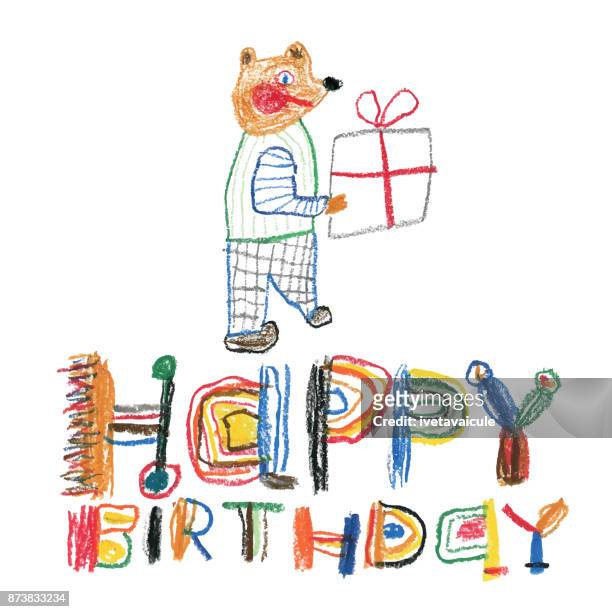 hand drawn happy birthday message with teddy bear and a gift - kreativität stock illustrations