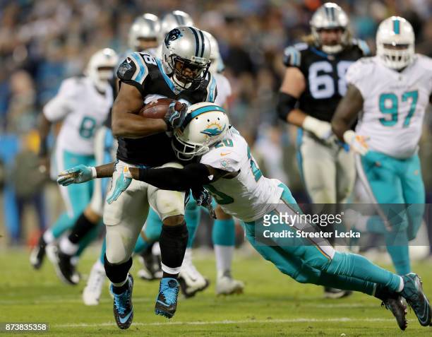 Reshad Jones of the Miami Dolphins tries to stop Jonathan Stewart of the Carolina Panthers during their game at Bank of America Stadium on November...