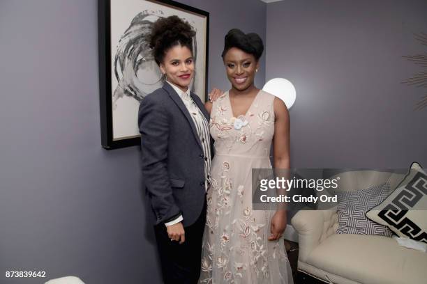 Zazie Beetz and Chimamanda Ngozi Adichie pose backstage at Glamour's 2017 Women of The Year Awards at Kings Theatre on November 13, 2017 in Brooklyn,...