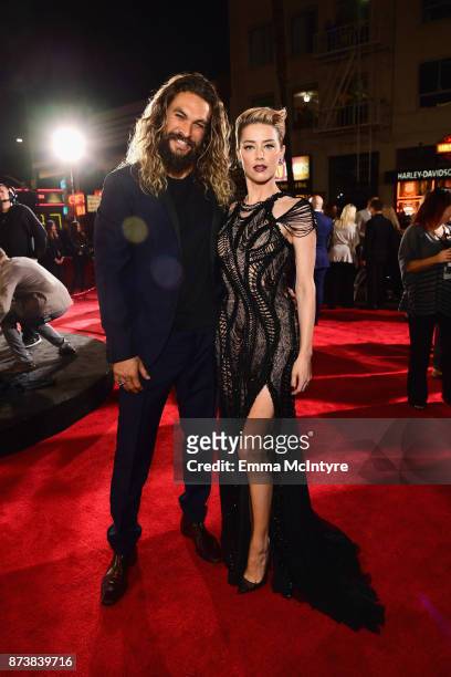 Actors Jason Momoa and Amber Heard attend the premiere of Warner Bros. Pictures' "Justice League" at Dolby Theatre on November 13, 2017 in Hollywood,...
