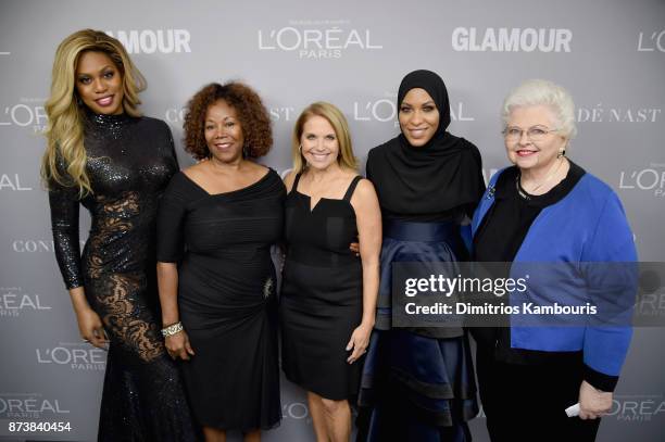 Laverne Cox, Ruby Bridges, Katie Couric, Ibtihaj Muhammad and Sarah Weddington pose backstage at Glamour's 2017 Women of The Year Awards at Kings...