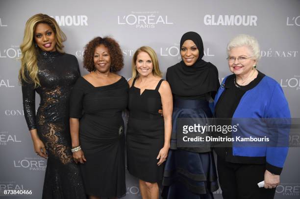 Laverne Cox, Ruby Bridges, Katie Couric, Ibtihaj Muhammad and Sarah Weddington pose backstage at Glamour's 2017 Women of The Year Awards at Kings...