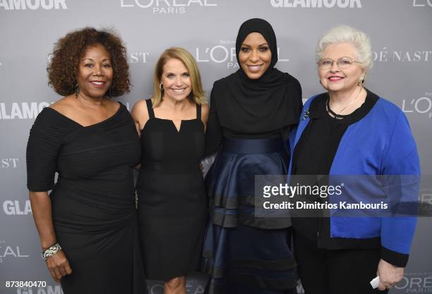 Ruby Bridges, Katie Couric, Ibtihaj Muhammad and Sarah Weddington pose backstage at Glamour's 2017 Women of The Year Awards at Kings Theatre on...