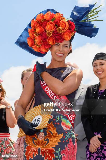 Best Dressed Lady winner Katie Perish reacting during New Zealand Trotting Cup Day at Addington Raceway on November 14, 2017 in Christchurch, New...
