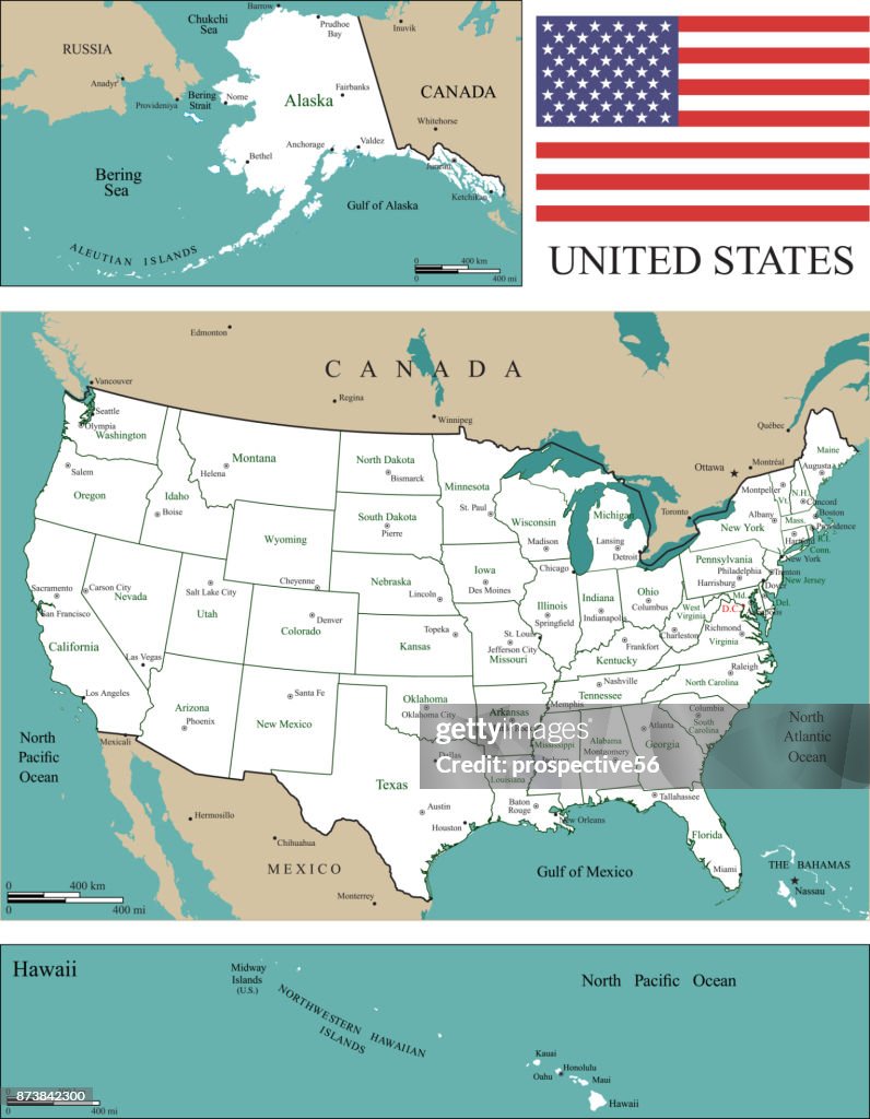 Escala Del Mapa De Estados Unidos Mapa Eeuu Estados Y Capitales Nombres De  Ciudades Y Lugares Geográficos Escalas De Millas Y Kilómetros Y La Bandera  De Estados Unidos Vector Ilustración De Contorno