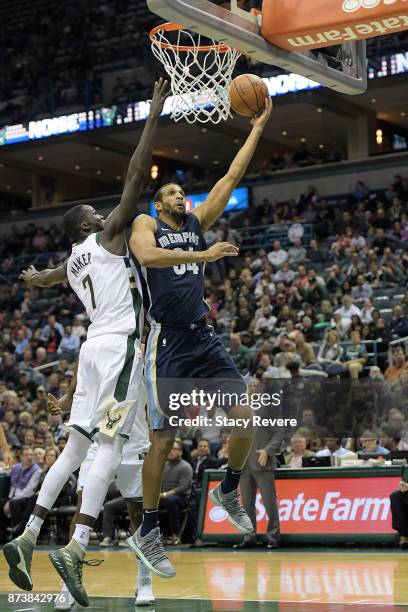 Brandan Wright of the Memphis Grizzlies drives to the basket against Thon Maker of the Milwaukee Bucks during the second half of a game at the...