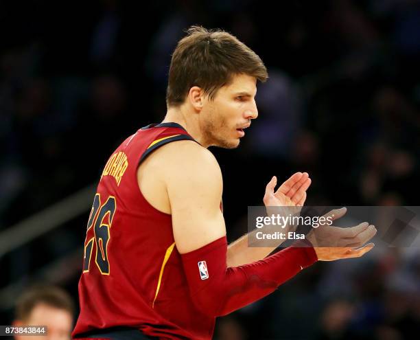 Kyle Korver of the Cleveland Cavaliers celebrates his three point shot in the second half against the New York Knicks at Madison Square Garden on...