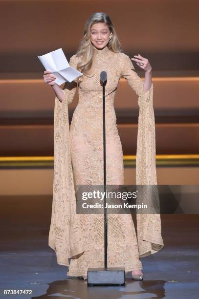 Gigi Hadid speaks onstage at Glamour's 2017 Women of The Year Awards at Kings Theatre on November 13, 2017 in Brooklyn, New York.