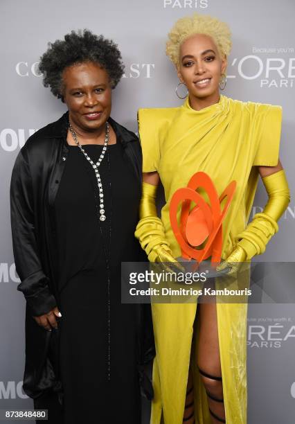 Claudia Rankine and Solange pose backstage at Glamour's 2017 Women of The Year Awards at Kings Theatre on November 13, 2017 in Brooklyn, New York.