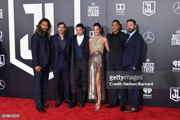 Actors Jason Momoa, Henry Cavill, Ezra Miller, Gal Gadot, Ray Fisher, and Ben Affleck attend the premiere of Warner Bros. Pictures' "Justice League"...