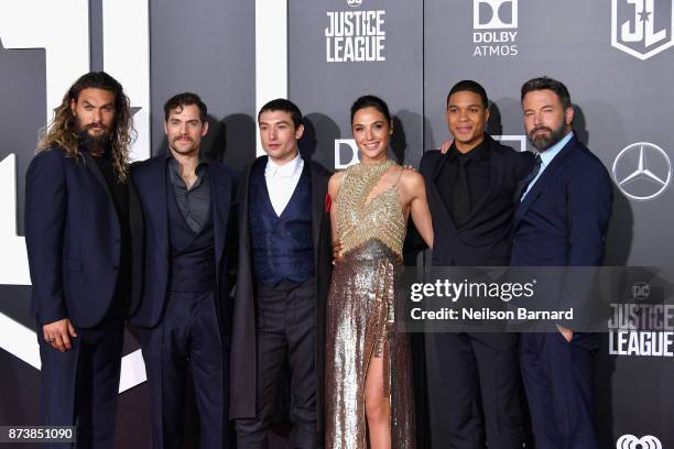 Actors Jason Momoa, Henry Cavill, Ezra Miller, Gal Gadot, Ray Fisher, and Ben Affleck attend the premiere of Warner Bros. Pictures' "Justice League"...