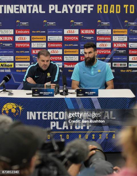 Socceroos coach Ange Postecoglou and Mile Jedinak at the Caltex Socceroos official pre match press conference before their match against Honduras...