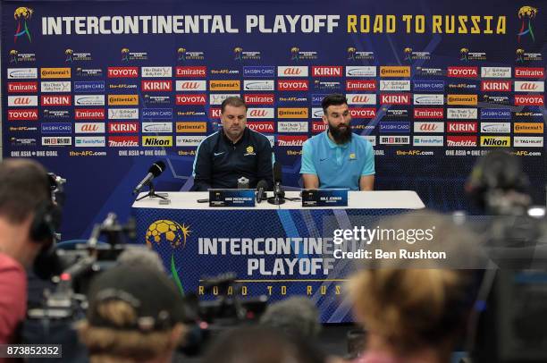 Socceroos coach Ange Postecoglou and Mile Jedinak at the Caltex Socceroos official pre match press conference before their match against Honduras...