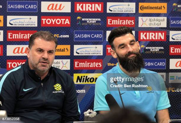 Socceroos coach Ange Postecoglou and Mile Jedinak at the Caltex Socceroos official pre match press conference before their match against Honduras...