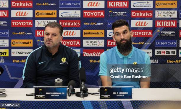 Socceroos coach Ange Postecoglou and Mile Jedinak at the Caltex Socceroos official pre match press conference before their match against Honduras...