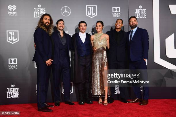 Actors Jason Momoa, Henry Cavill, Ezra Miller, Gal Gadot, Ray Fisher, and Ben Affleck attend the premiere of Warner Bros. Pictures' "Justice League"...
