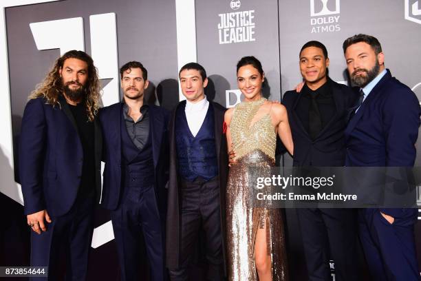 Actors Jason Momoa, Henry Cavill, Ezra Miller, Gal Gadot, Ray Fisher, and Ben Affleck attend the premiere of Warner Bros. Pictures' "Justice League"...