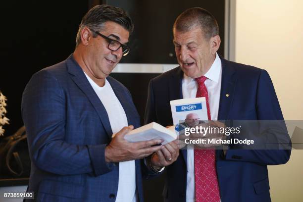 Former AFL CEO Andrew Demetriou and incoming Hawks President Jeff Kennett talk together during the book launch for 'Patrick Smith's Sport - Best of...