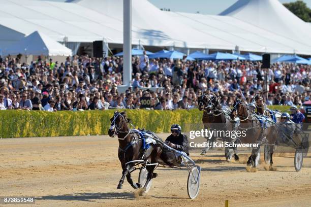 Mark Purdon driving Lazarus wins Race10 Christchurch Casino NZ Trotting Cup during New Zealand Trotting Cup Day at Addington Raceway on November 14,...