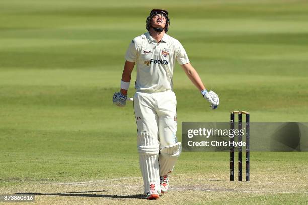 Matthew Renshaw of Queensland leaves the field after being dismissed by Doug Bollinger of New South Wales during day two of the Sheffield Shield...