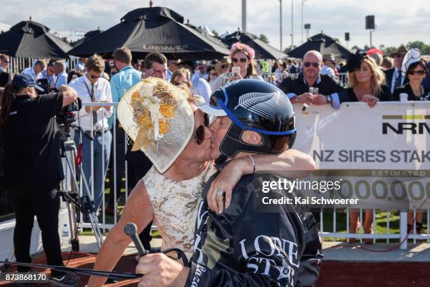 Driver Mark Purdon celebrates with co-owner of Lazarus, Glenys Kennard after winning Race10 Christchurch Casino NZ Trotting Cup during New Zealand...