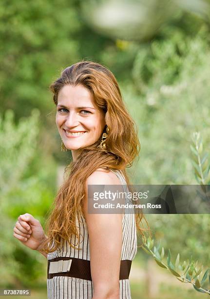 portrait of woman in olive grove - wellness olive tree stock pictures, royalty-free photos & images