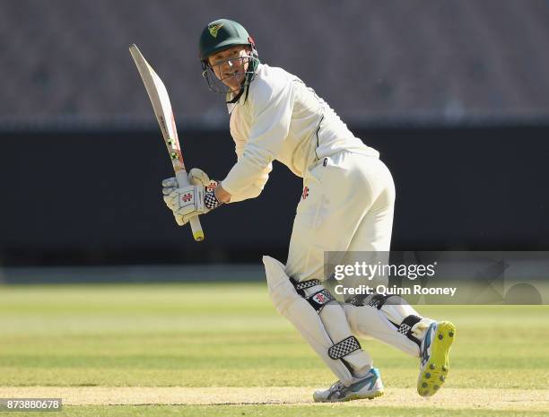 George Bailey of Tasmania bats during day two of the Sheffield Shield match between Victoria and Tasmania at Melbourne Cricket Ground on November 14,...