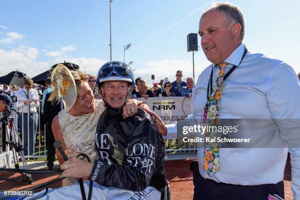 Driver Mark Purdon celebrates with co-owners of Lazarus, Glenys Kennard and Phil Kennard after winning Race10 Christchurch Casino NZ Trotting Cup...