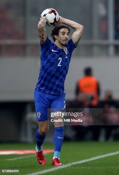 Piraeus, GREECE Sime Vrsaljko of Croatia throws the ball during the FIFA 2018 World Cup Qualifier play-off second leg match between Greece and...