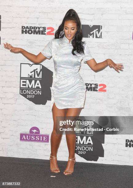 Maya Jama poses in the winner's room during the MTV EMAs 2017 held at The SSE Arena, Wembley on November 12, 2017 in London, England. .