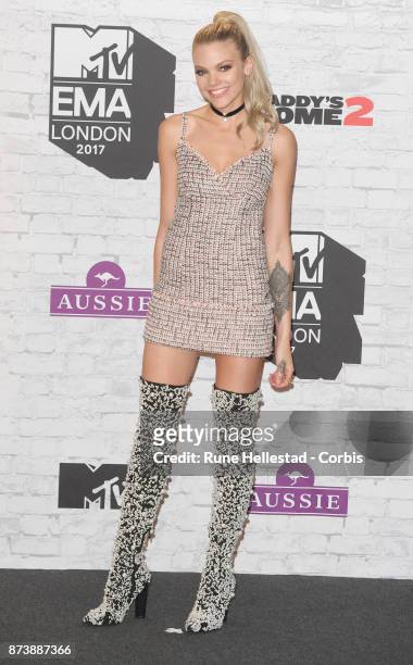 Becca Dudley poses in the winner's room during the MTV EMAs 2017 held at The SSE Arena, Wembley on November 12, 2017 in London, England. .