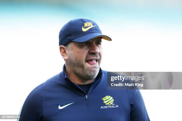 Australia head coach Ange Postecoglou looks on during an Australian Socceroos training session at ANZ Stadium ahead of their World Cup 2018...